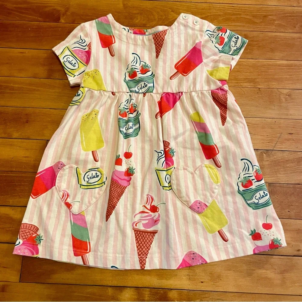 Mini Boden Short Sleeve Printed Tunic in Vintage Pink Ice Cream Stripe - Picture 2 of 8